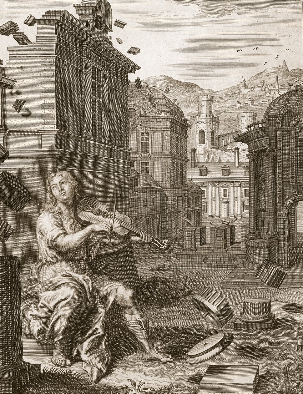 Anfión construye los muros de Tebas con la música de su lira, 1731 de Bernard Picart