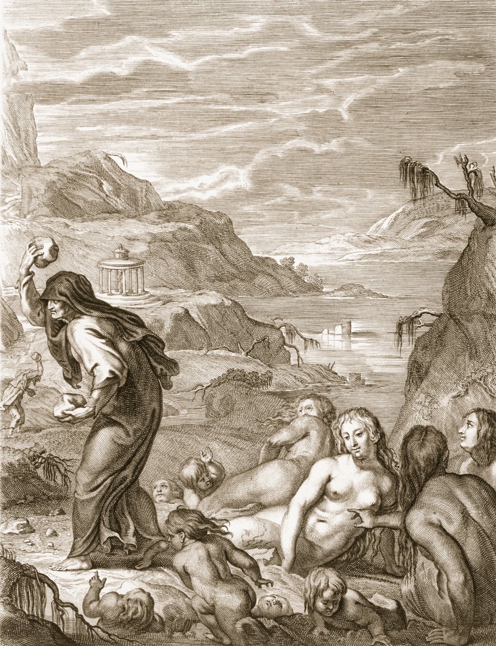 Deucalión y Pirra repueblan el mundo lanzando piedras detrás de ellos de Bernard Picart