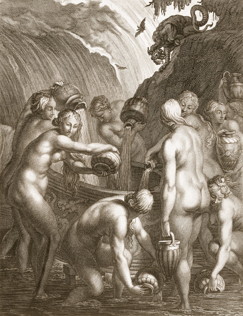 Las Danaides condenadas a llenar vasijas perforadas con agua, 1730 de Bernard Picart