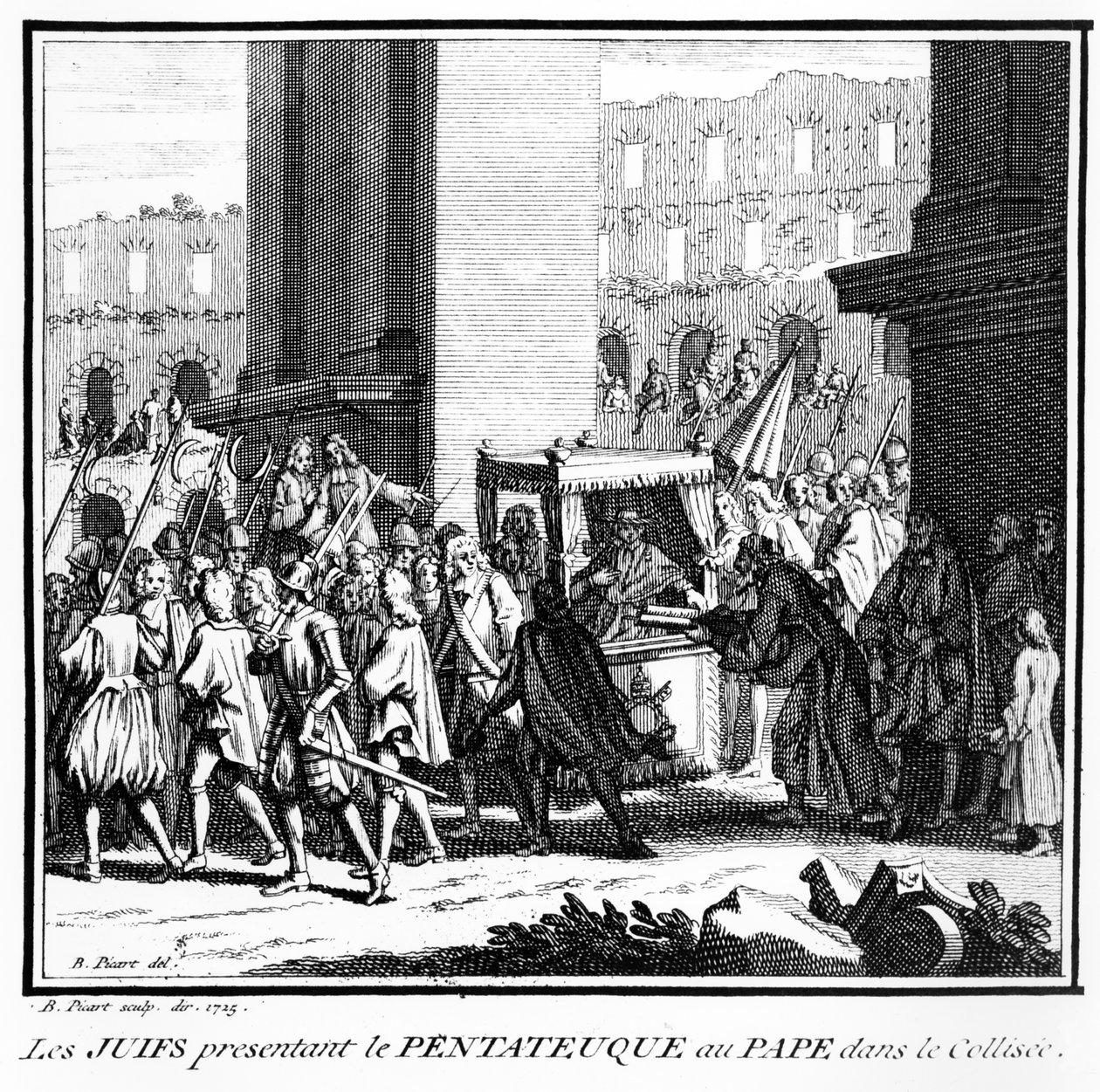 Los Judíos de Roma presentando el Pentateuco al Papa en el Coliseo, 1725 de Bernard Picart