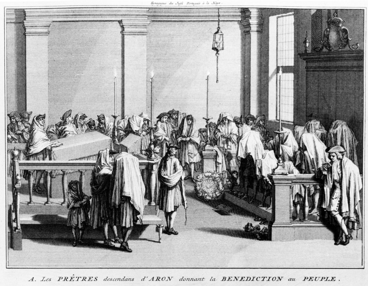 La bendición sacerdotal (Birkat Kohanim) dada por los Kohanim, la tribu sacerdotal de los levitas (descendientes de Aarón) al pueblo durante los servicios en la sinagoga; 1725 de Bernard Picart