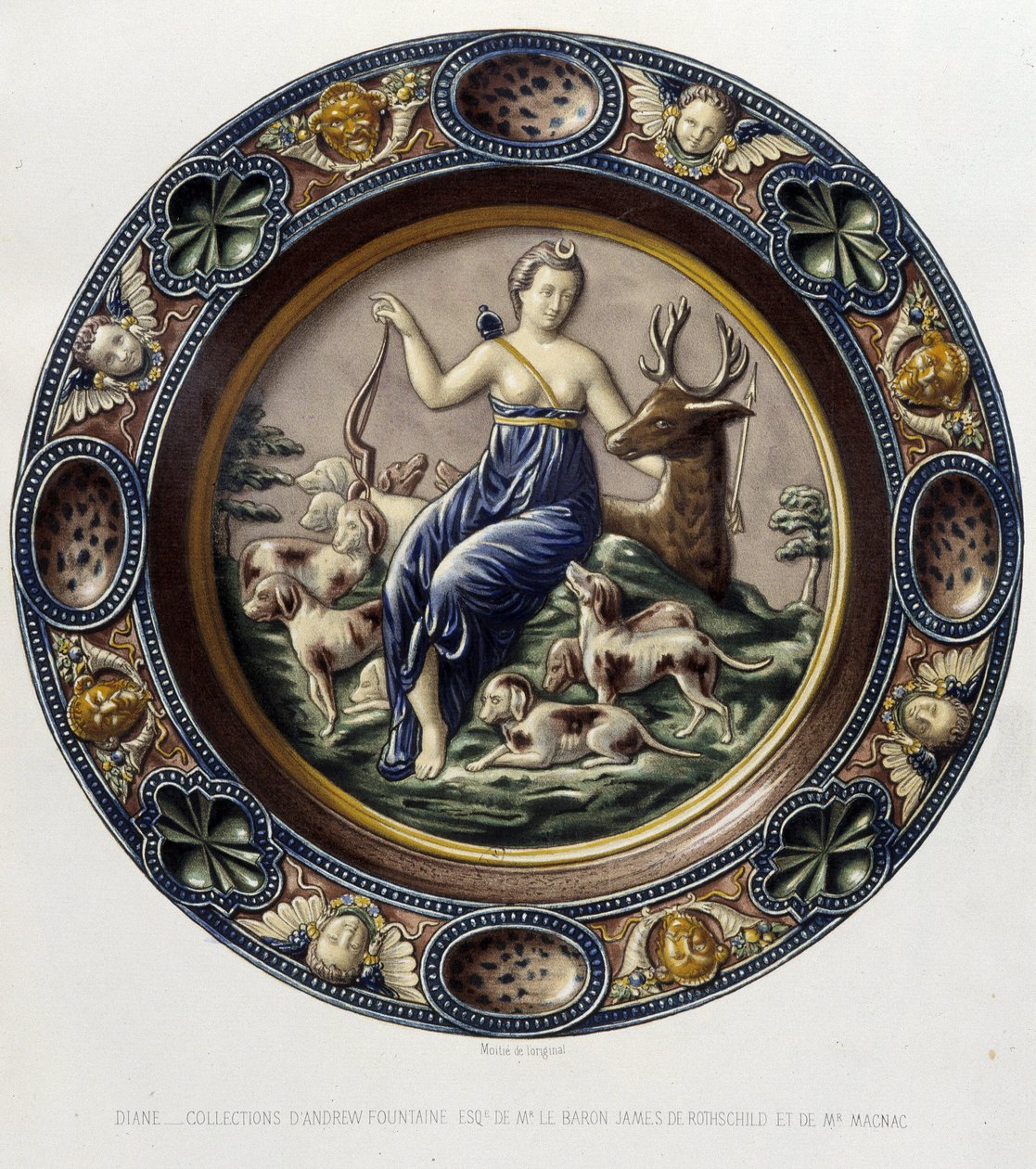 Diana (Artemisa) cazadora - Plat cerámico, en "The work of Bernard Palissy" por C. Delange y C. Borneman, París de Bernard (after) Palissy