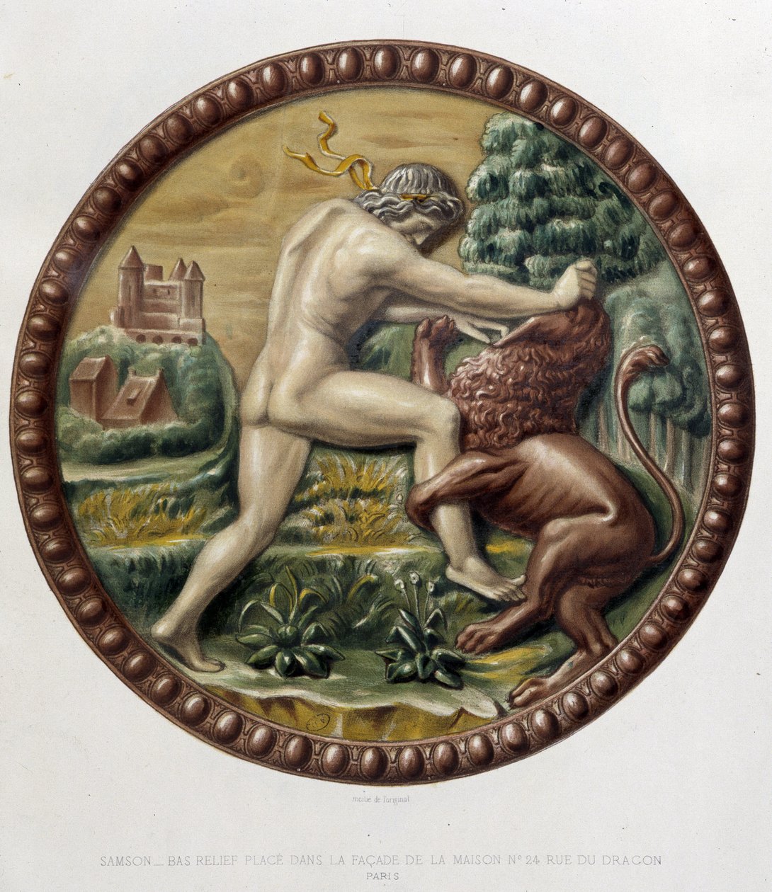 Sansón combatiendo al león - bajorrelieve en cerámica, en "The work of Bernard Palissy" de C. Delange y C. Borneman, París de Bernard (after) Palissy