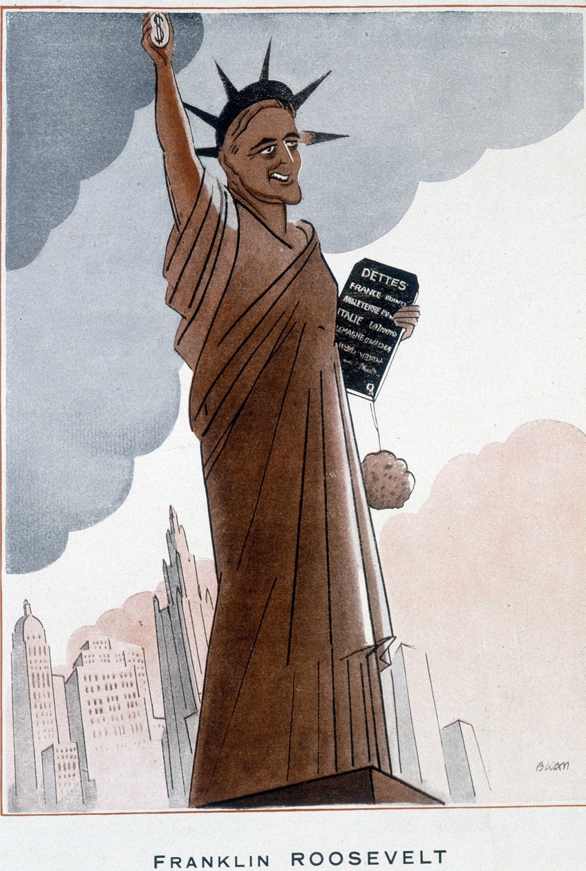 Caricatura de Franklin Roosevelt en la Estatua de la Libertad - Ilustración de Bernard Becan (Bernhard Kahn) (1890-1943) en “Fantasio” del 01/12/1932 de Bernard Becan