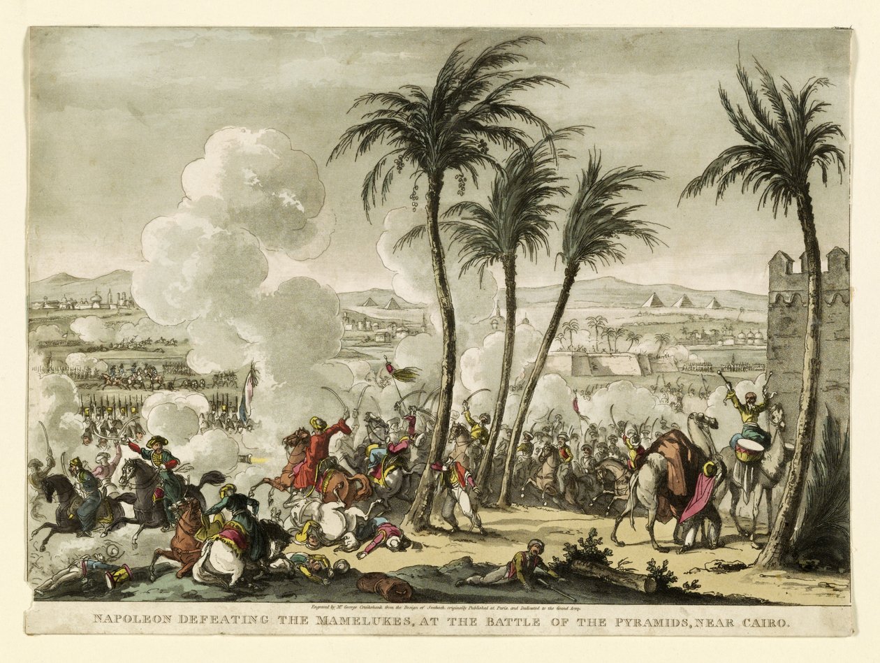 Napoleón derrotando a los mamelucos en la batalla de las pirámides, cerca de El Cairo, grabado por George Cruikshank, 1823 de Bernard Edouard Swebach