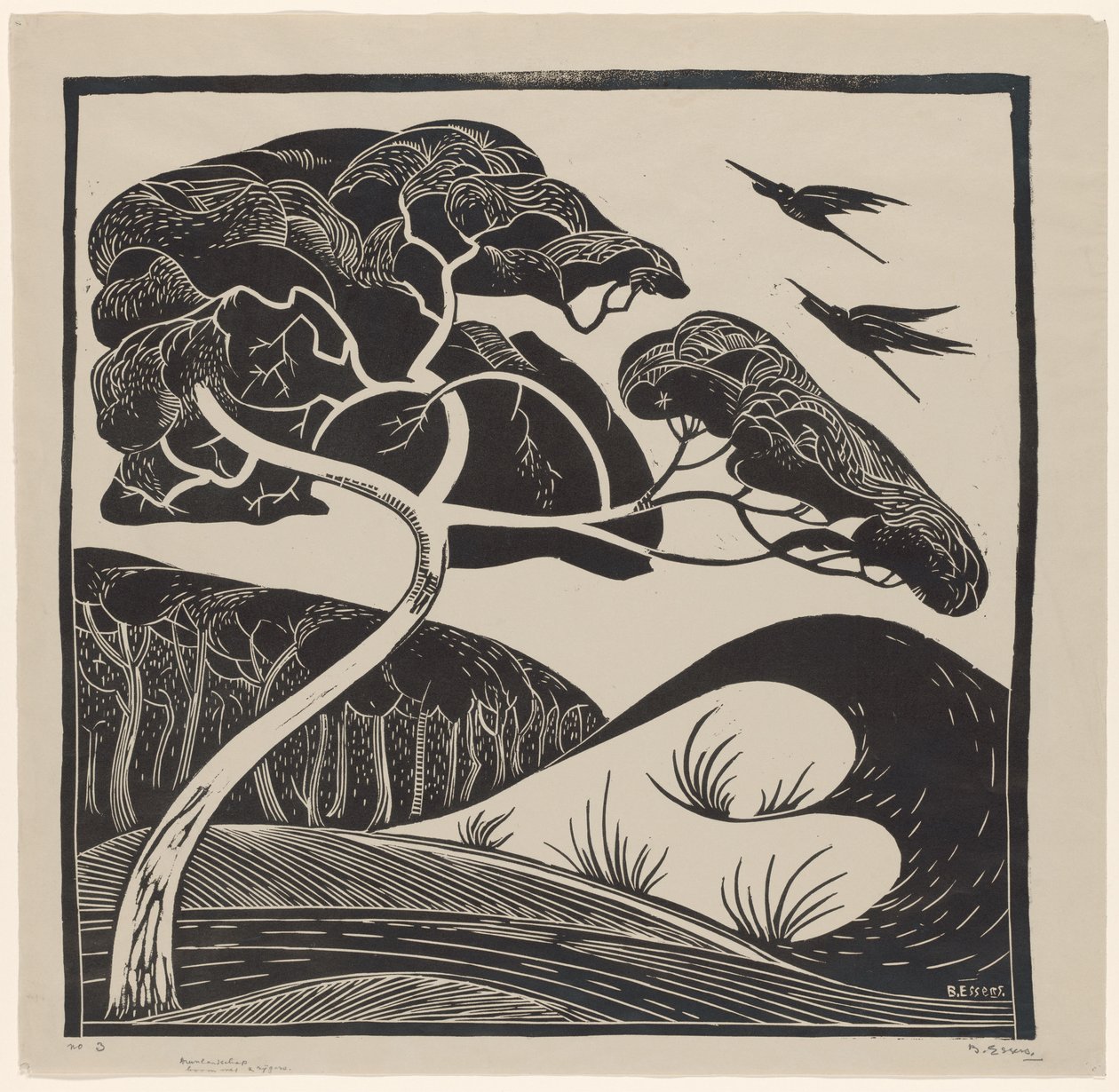 Paisaje de dunas (título en el objeto)
Árbol con 2 garzas (título en el objeto) de Bernard Essers (signed by artist)