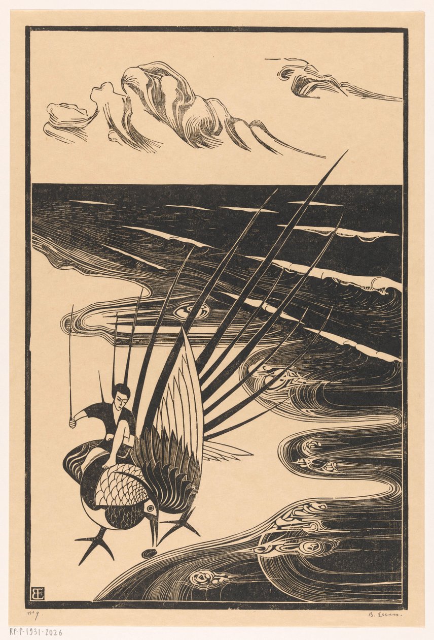 Figura sentada sobre un faisán en la playa de Bernard Essers (signed by artist)