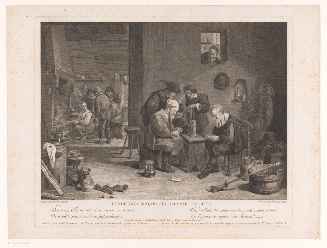 Inn interior con figuras de juego de cartas Les Francs Maçons Flamands en Loge (título sobre objeto) de Bernard François Lépicié
