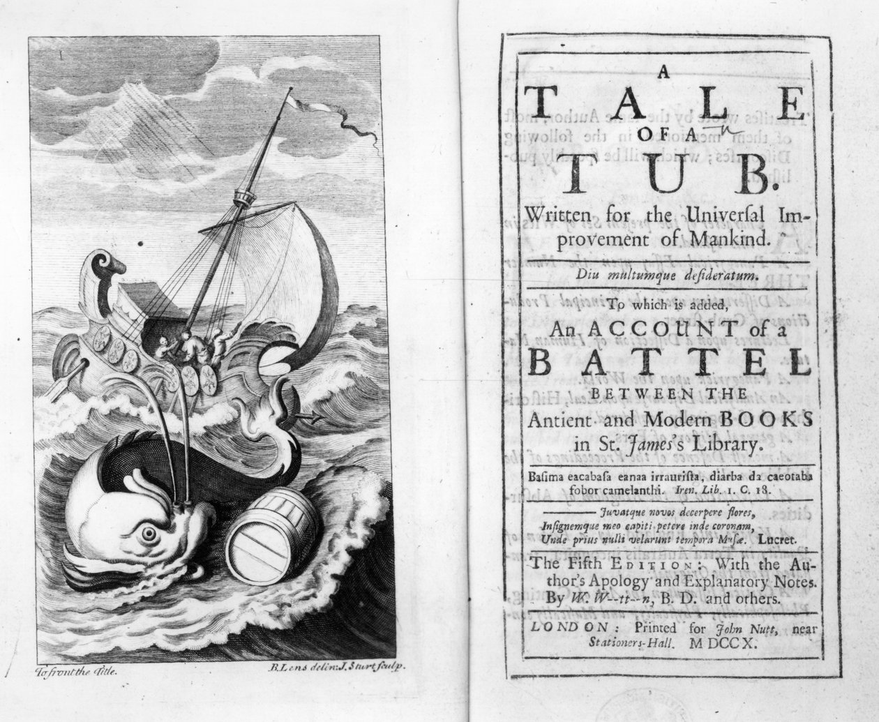 Frontispicio y portada de Un cuento de una cuba por Jonathan Swift, grabado por John Sturt, 1704 de Bernard II Lens