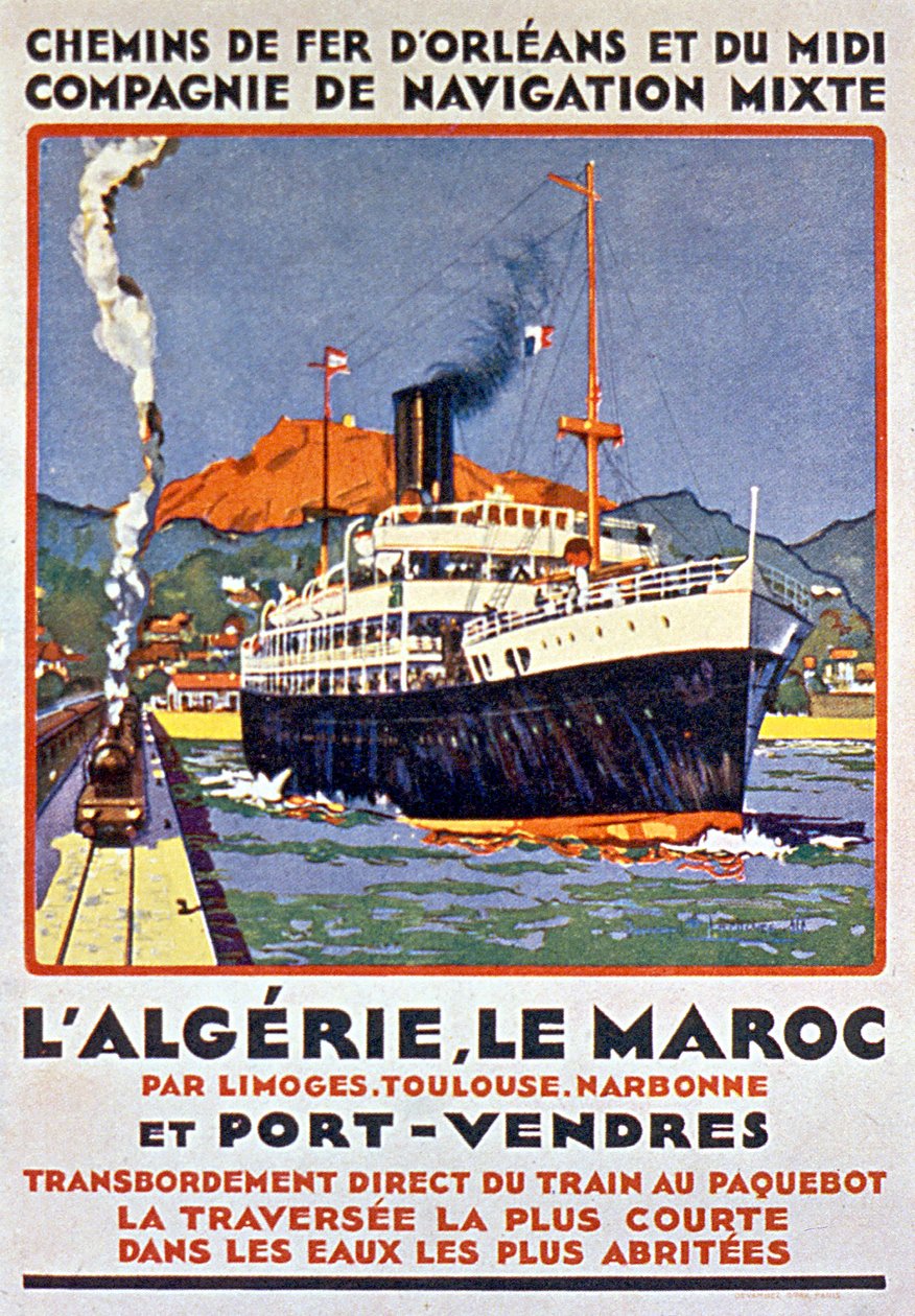 Cartel publicitario del ferrocarril francés que va a Argelia y Marruecos desde Francia vía Limoges Toulouse Narbona y Port Vendres c. 1900 de Bernard Lachevre