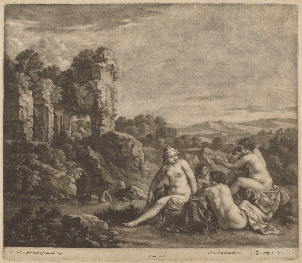 Bañistas en un paisaje de Bernard Lens, after Cornelis van Poelenburch