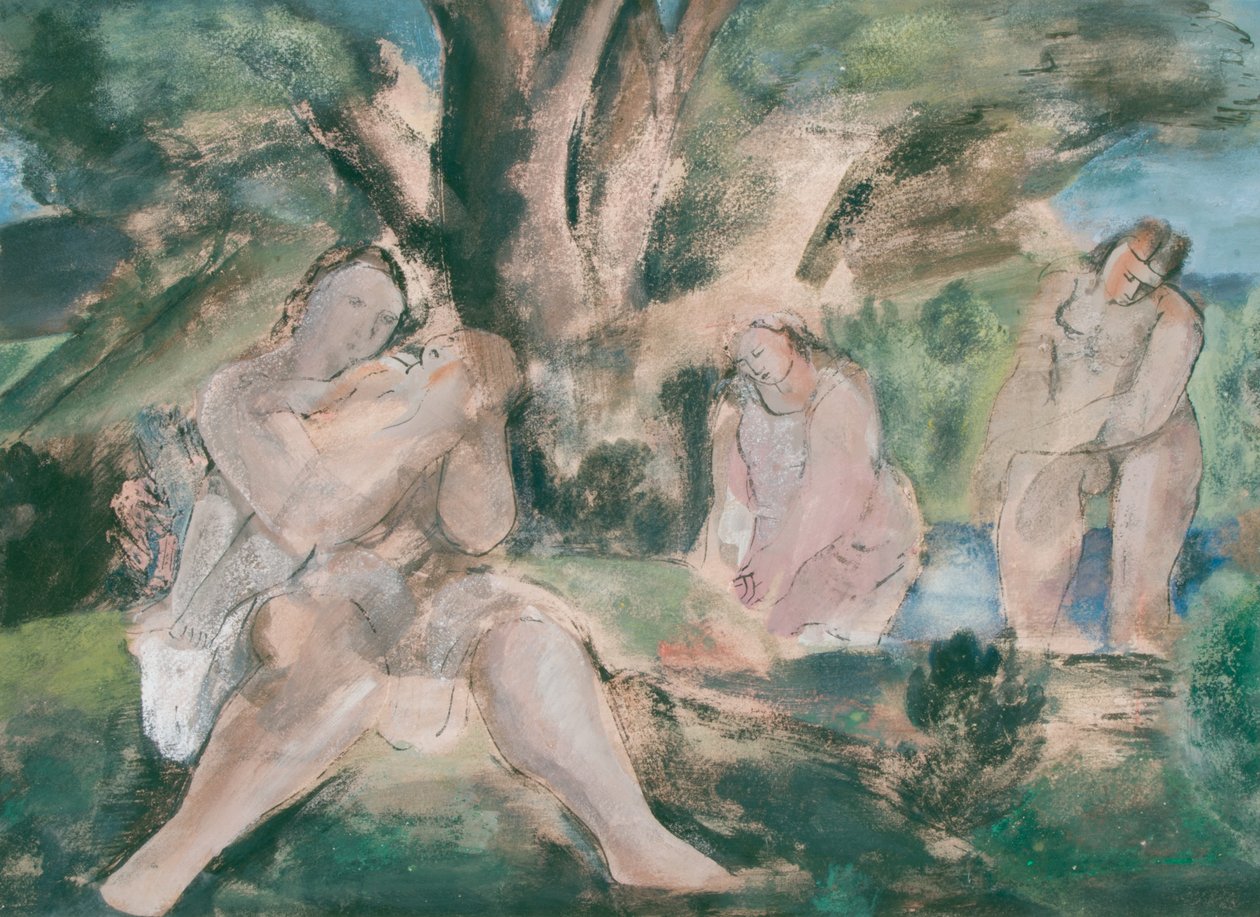Tres mujeres y un niño bañándose bajo un árbol (acuarela y tinta sobre papel) de Bernard Meninsky