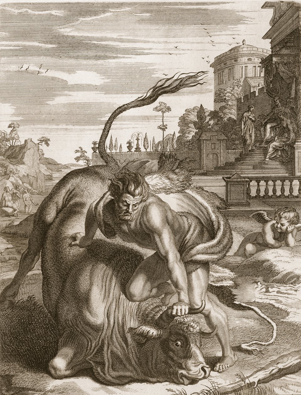 Aqueloo en forma de toro es vencido por Hércules, 1731 de Bernard Picart