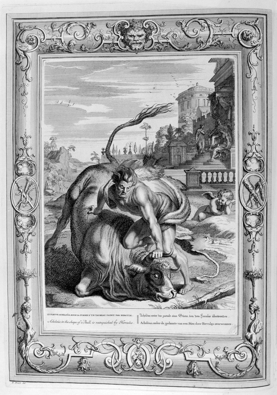 Aqueloo en forma de toro es vencido por Hércules, 1733 de Bernard Picart