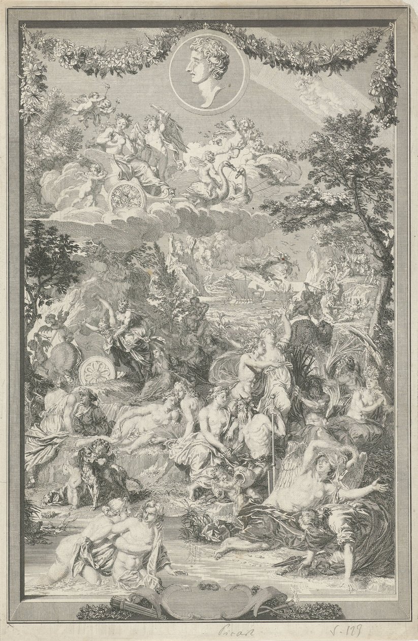 Portada alegórica con varias escenas de las metamorfosis de Ovidio y su retrato. de Bernard Picart