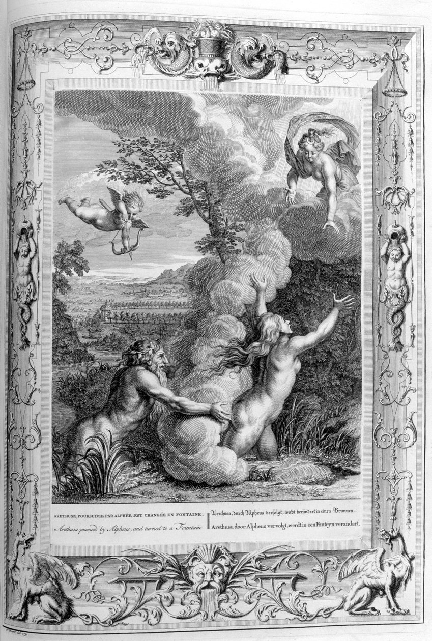 Arethusa perseguida por Alfeo y convertida en fuente, 1733 de Bernard Picart