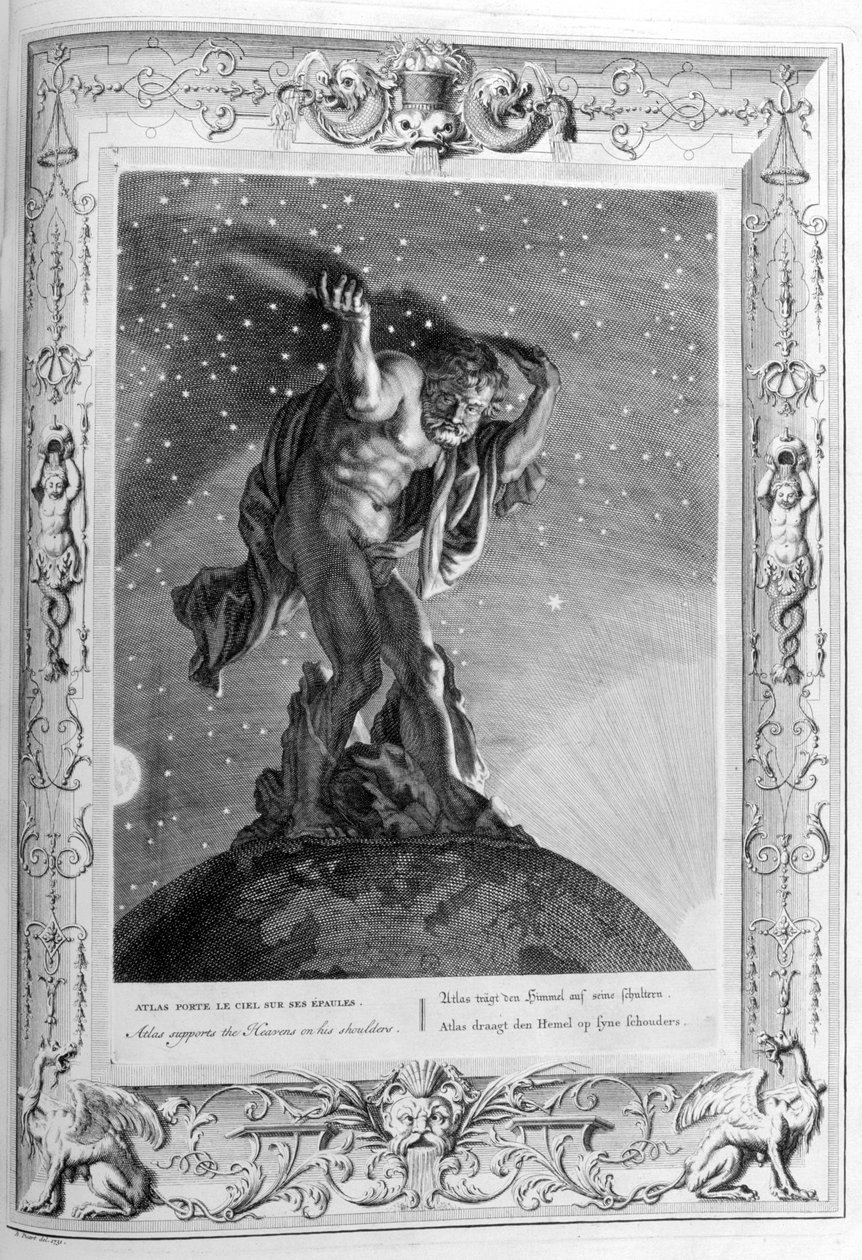Atlas sostiene los cielos sobre sus hombros, 1733 de Bernard Picart