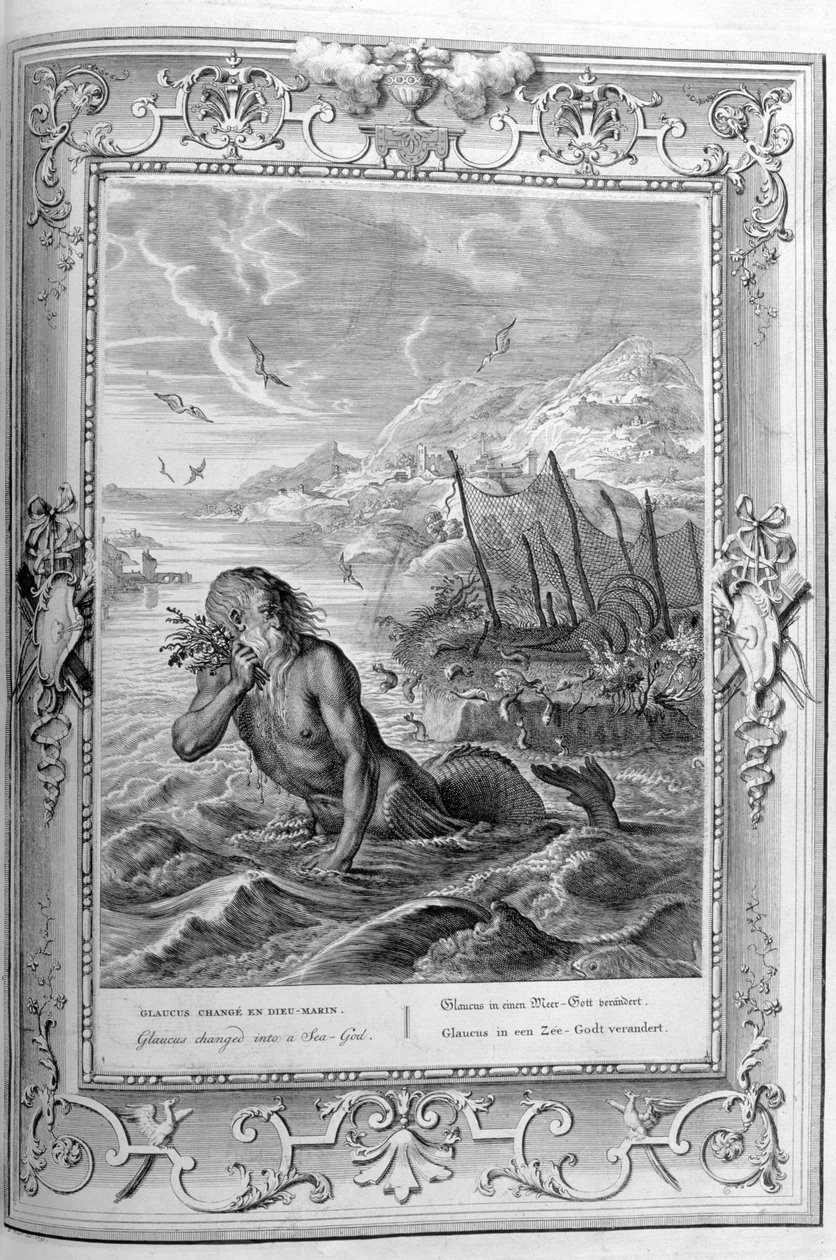 Glauco se transforma de hombre a dios del mar (grabado) de Bernard Picart