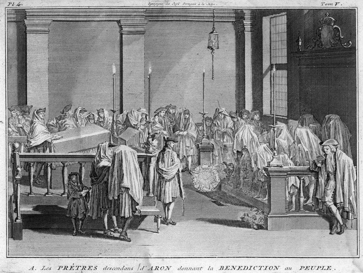 Sumo Sacerdote de Israel perteneciente a las familias sacerdotales judías que trazan su línea paterna hasta Aarón dando su bendición al pueblo judío. Grabado de 