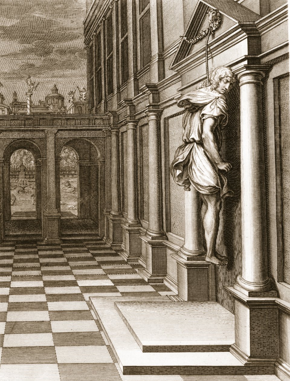 Iphis se Ahorca en Desesperación porque no Pudo Ganar a Anaxarete, 1731 de Bernard Picart