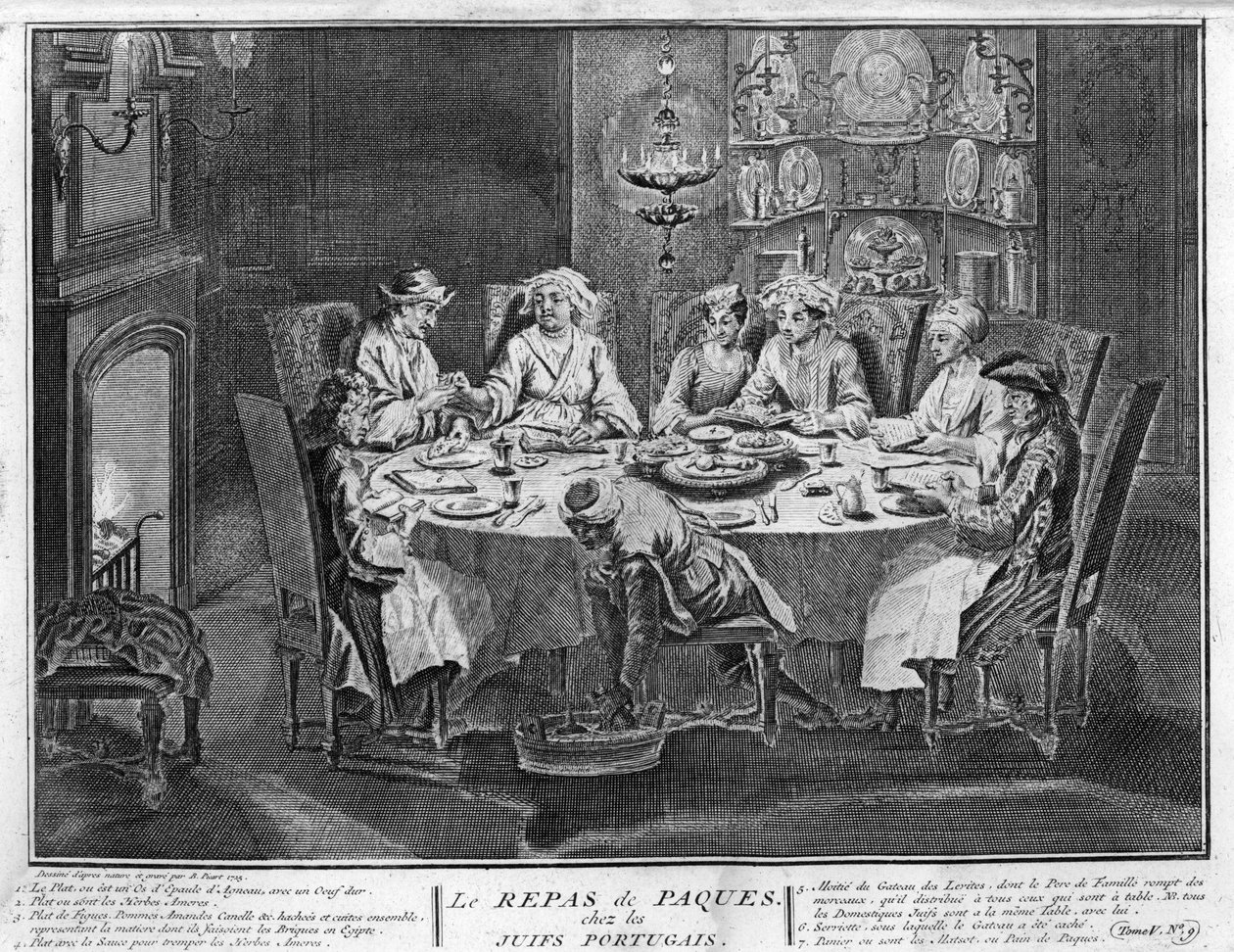 Judaísmo: Fiesta de Pascua (o Pesaj) en la comunidad judía portuguesa. Grabado de “Ilustración de ceremonias y costumbres religiosas de todos los pueblos del mundo” de Bernard Picart (1723-1743) 1819. Colección privada de Bernard Picart