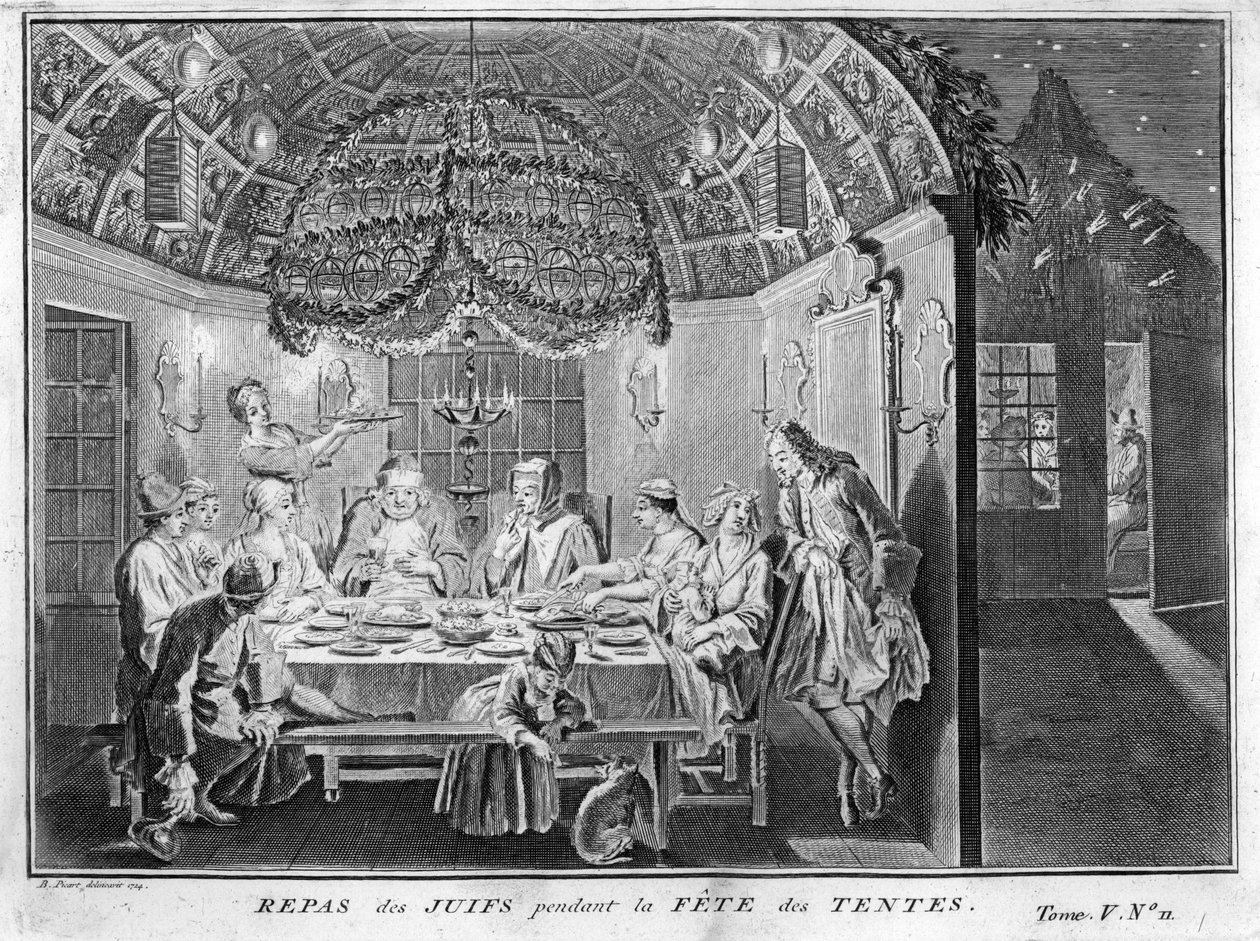 Judaísmo: comida para el pueblo judío durante Sucot (fiesta de los tabernáculos o cabañas) Grabado de la “Ilustración de ceremonias y costumbres religiosas de todos los pueblos del mundo” por Bernard Picart (1723-1743) 1819 Colección privada de Bernard Picart