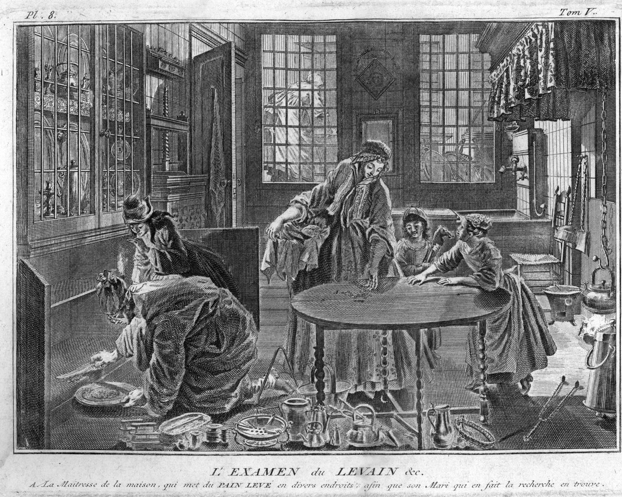 Judaísmo: el examen del leudado, la búsqueda del leudado en la víspera de la fiesta de Pésaj (Pascua) La búsqueda del leudado, eliminación de todo chametz en la víspera de la Pascua para el pueblo judío) Grabado de la “Ilustración de ceremonias y costumbre de Bernard Picart