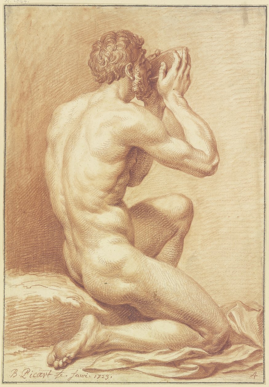 Desnudo masculino arrodillado, bebiendo de un cuenco de Bernard Picart