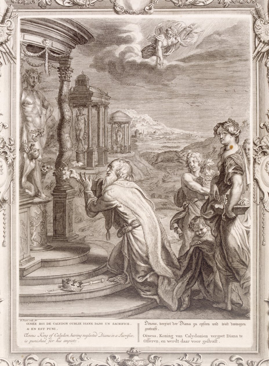 Oeneus, rey de Calidón, habiendo descuidado a Diana en un sacrificio es castigado por su impiedad, 1731 de Bernard Picart