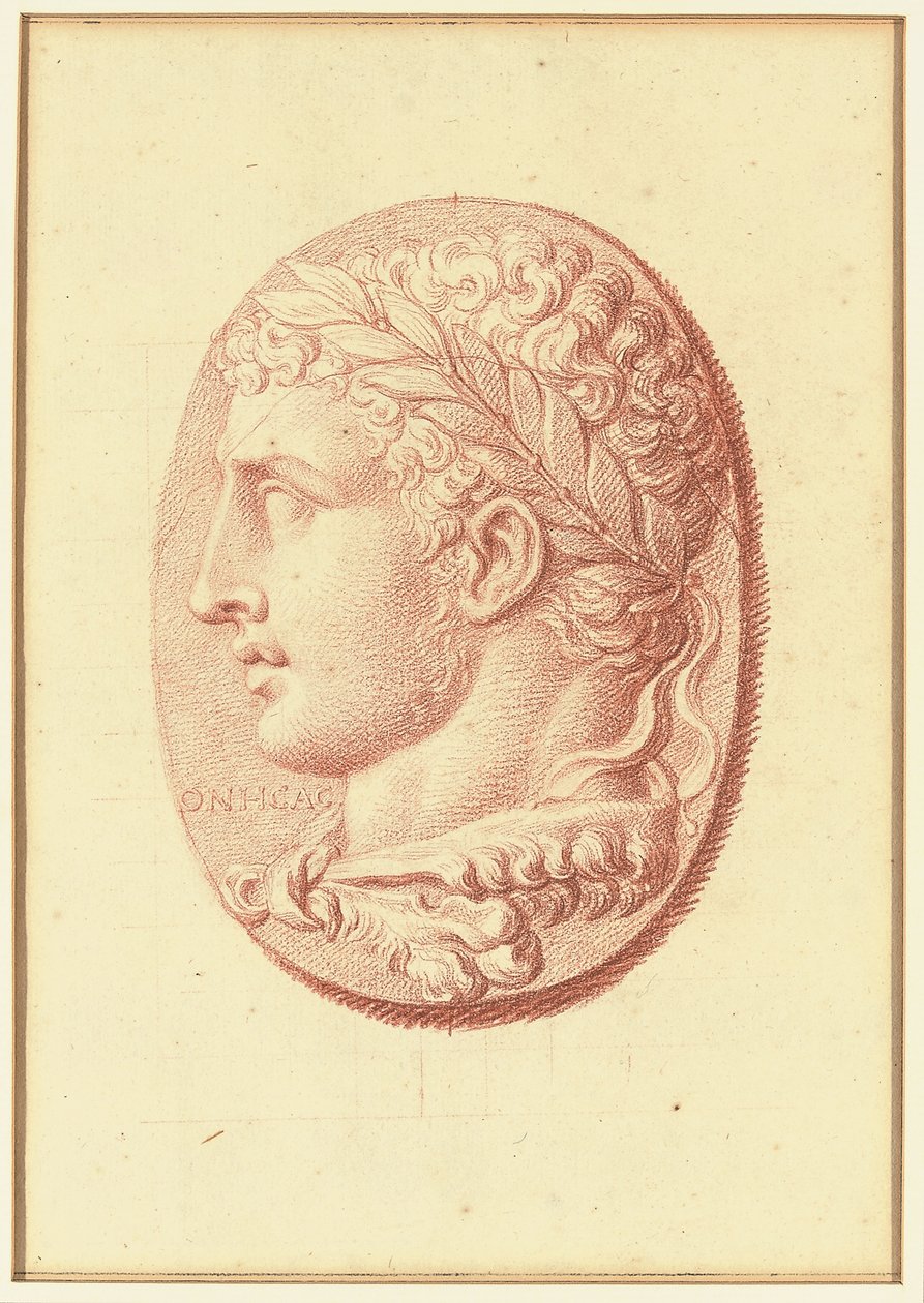 Uno de los cuatro estudios sobre camafeos, tres con retratos de perfil clásicos y uno con un relieve fragmentario de Cupido y dos leones dibujando un carro (tiza roja sobre papel). de Bernard Picart