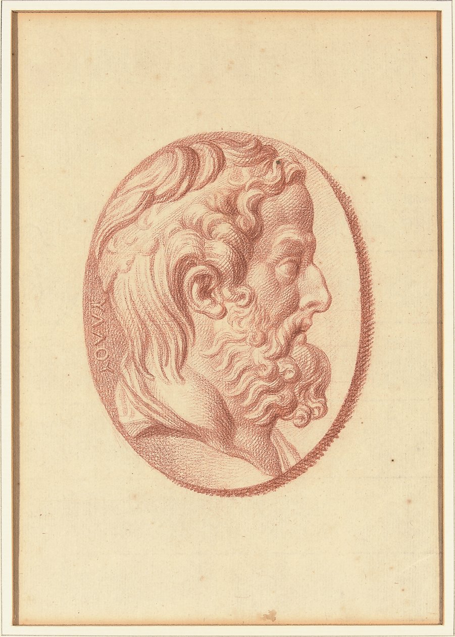 Uno de los cuatro estudios sobre camafeos, tres con retratos de perfil clásicos y uno con un relieve fragmentario de Cupido y dos leones dibujando un carro (tiza roja sobre papel). de Bernard Picart
