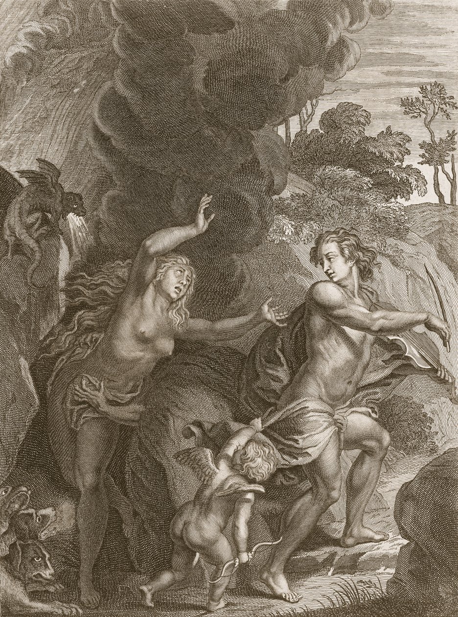 Orfeo, Conduciendo a Eurídice Fuera del Infierno, Mira Atrás y la Pierde para Siempre, 1731 de Bernard Picart