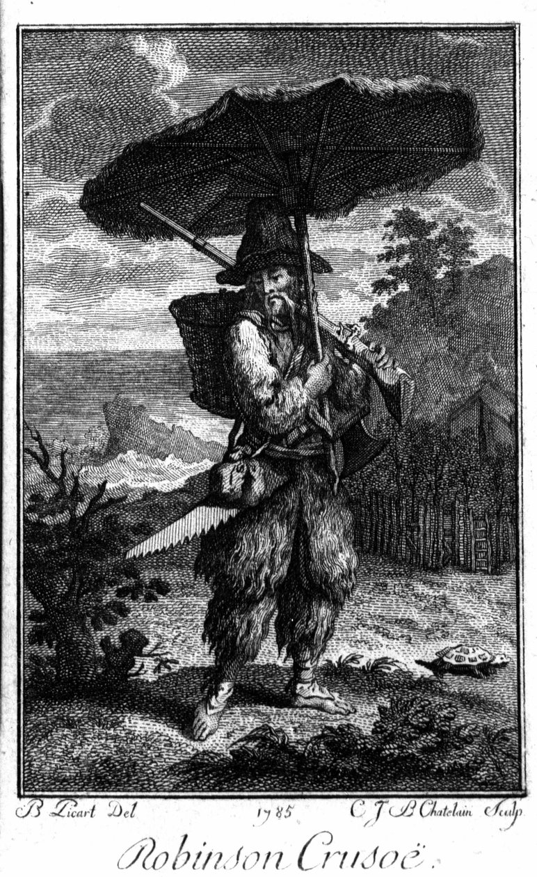 Representación de Robinson Crusoe en su isla desierta. Grabado de Bernard Picart (1673-1733) que ilustra la novela de Daniel Defoe o De Foe (1660-1731) de Bernard Picart