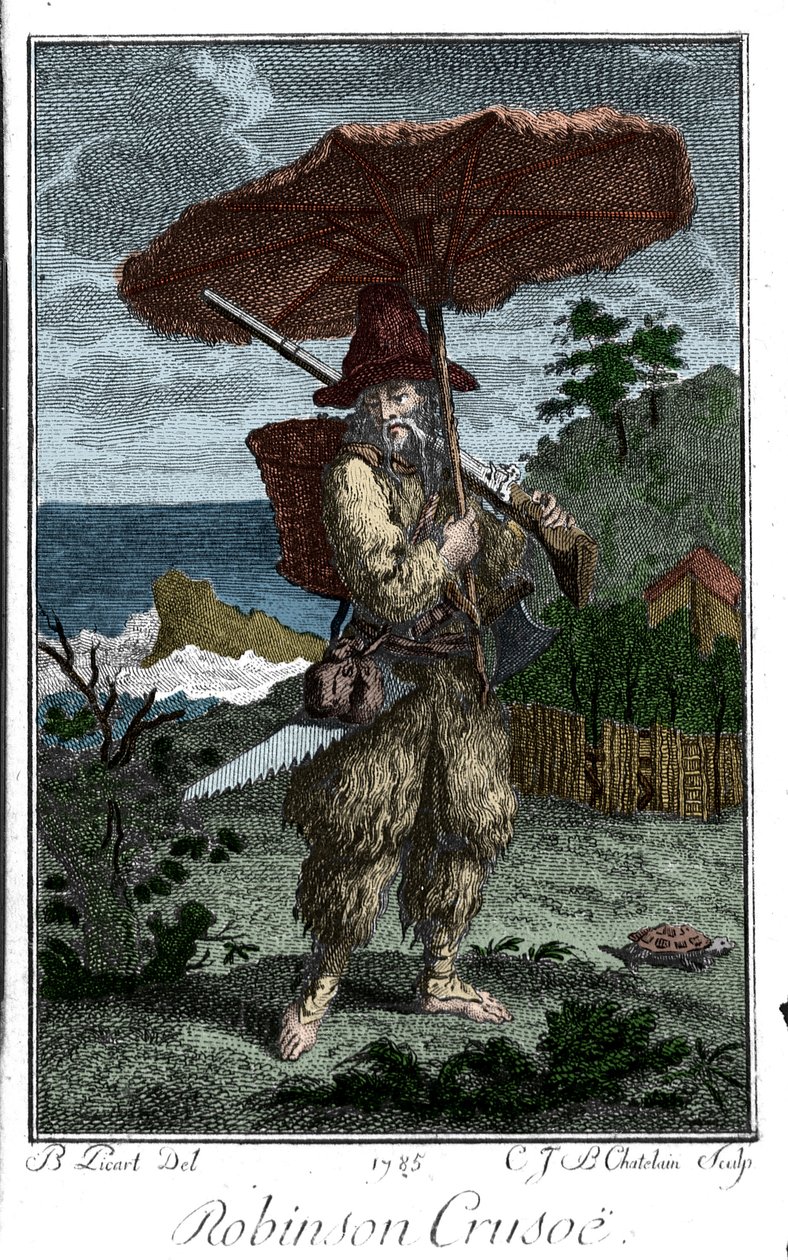 Representación de Robinson Crusoe en su isla desierta. Grabado de Bernard Picart (1673-1733) ilustrando la novela de Daniel Defoe o De Foe (1660-1731) de Bernard Picart