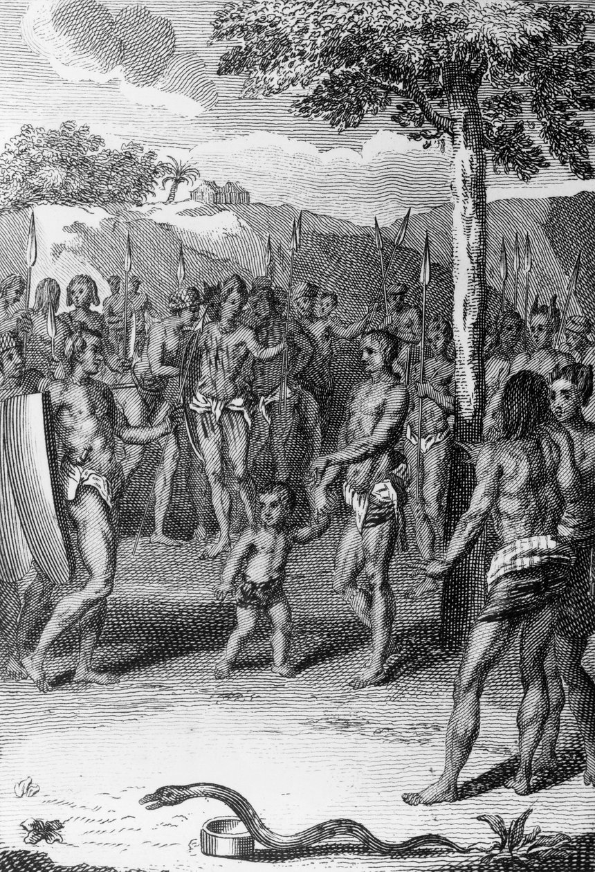 Ceremonia ritual, con serpiente en primer plano, Guinea, de Histoire Generale des Ceremonies, moeurs, et coutumes religieuses de tous les peuples du monde, por Antoine Banier (1673-1741) y Jean Baptiste Le Mascrier (1697-1760) de Bernard Picart