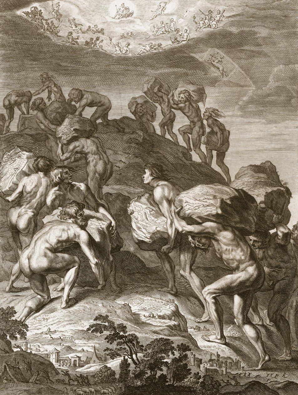 Los gigantes intentan escalar el cielo apilando montañas, 1731 de Bernard Picart