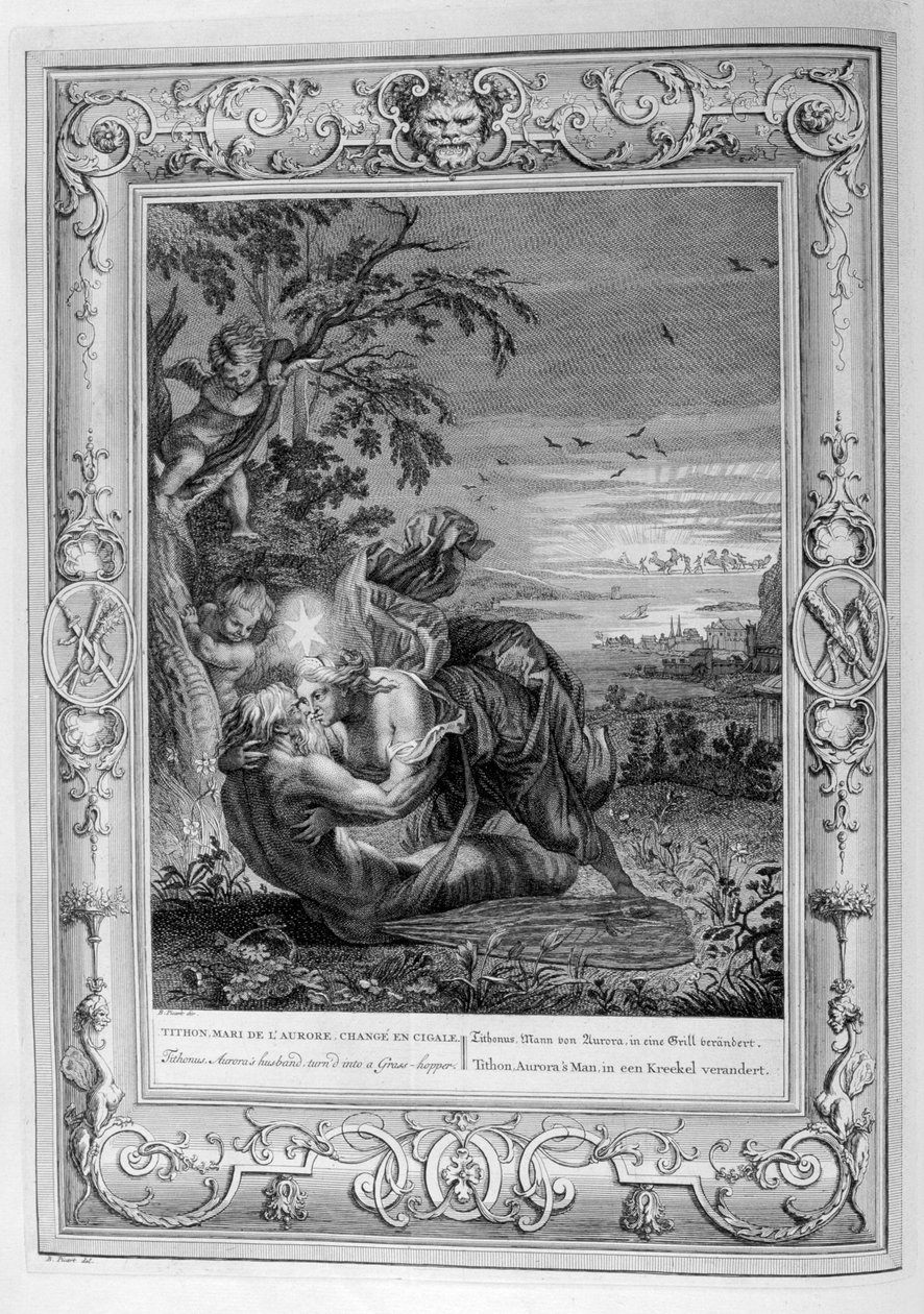 Tithonus, esposo de Aurora, convertido en saltamontes, 1733 de Bernard Picart