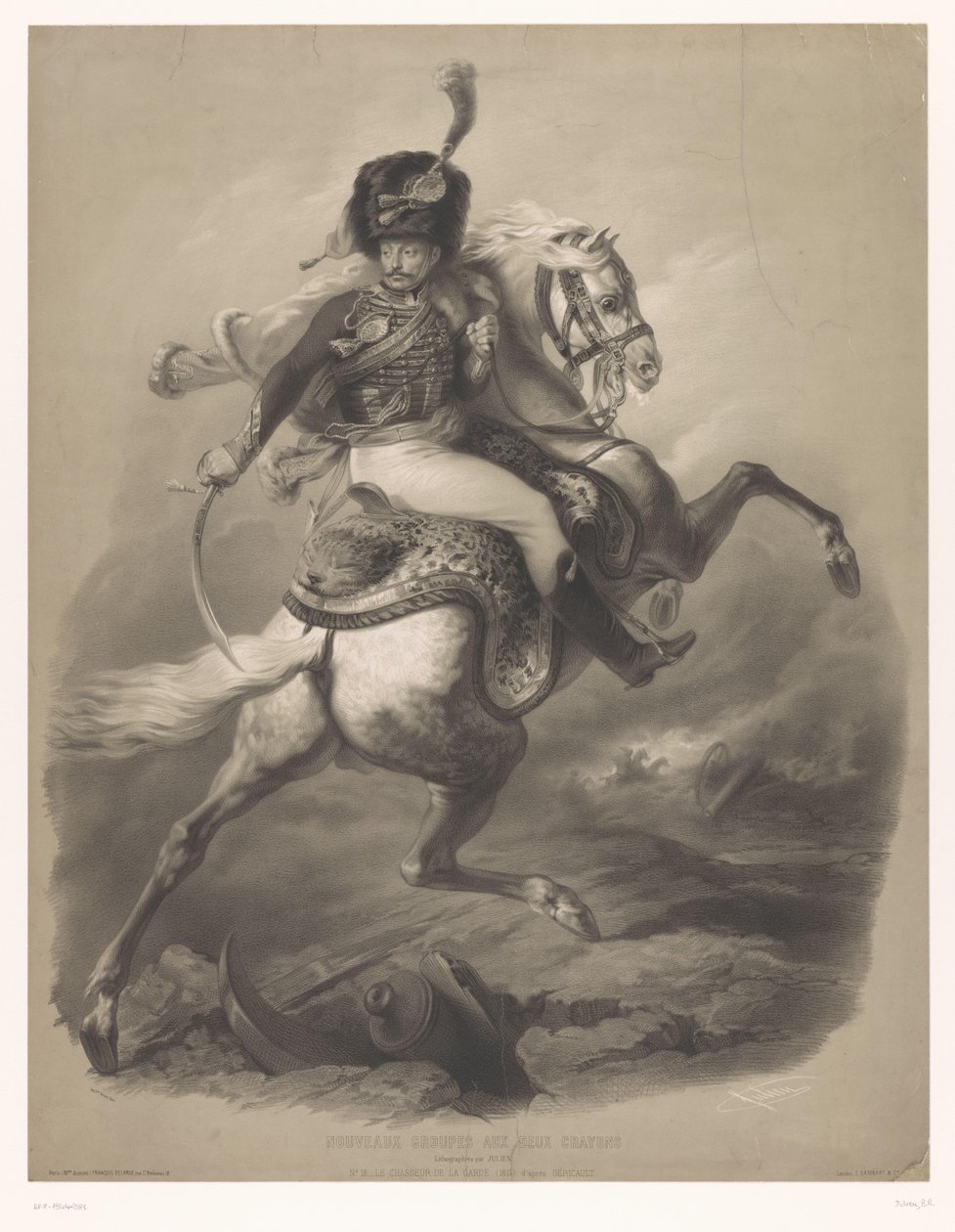 Oficial de asalto a caballo Le chasseur de la garde (título sobre objeto) Nuevas litografías con dos tipos de tiza (título de la serie) Nouveaux groups aux deux crayons (título de serie en el objeto) de Bernard Romain Julien