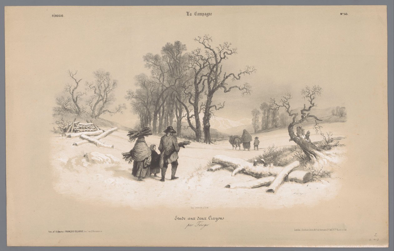 Familia recoge madera en la nieve. Representaciones de la vida rural (título de la serie) La Campaña. Etudes varieés aux deux Crayons (título de la serie sobre el objeto) de Bernard Romain Julien