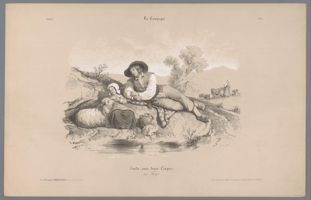 Pastor con niña junto a una piscina Representaciones de la vida rural (título de la serie) La Campaña. Etudes varieés aux deux Crayons (título de la serie sobre el objeto) de Bernard Romain Julien