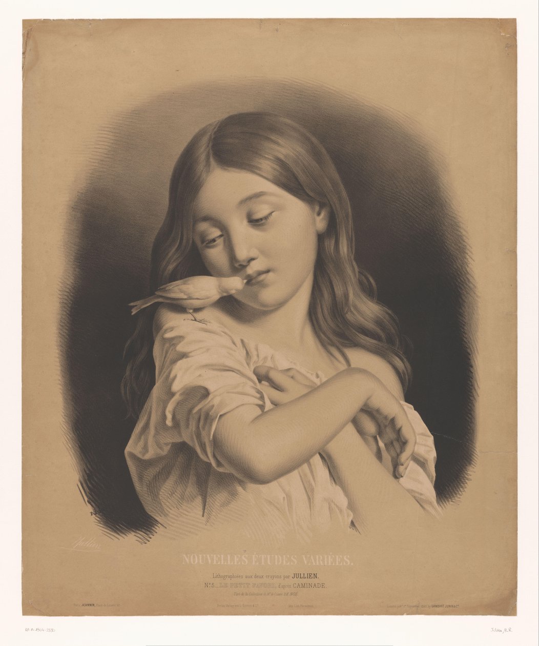 niña joven, con, un, pájaro, en, ella, hombro Le petit favori (título sobre objeto) Varios estudios nuevos (título de la serie) Nouvelles études variées (título de la serie sobre el objeto) de Bernard Romain Julien