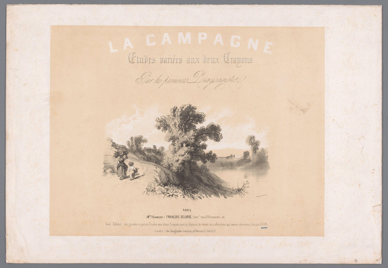 Portada para seis grabados que representan la vida rural La Campaña. Etudes varieés aux deux Crayons par les premiers Paysagistes (título sobre el objeto) Representaciones de la vida rural (título de la serie) La Campaña. Los estudios varían de Bernard Romain Julien