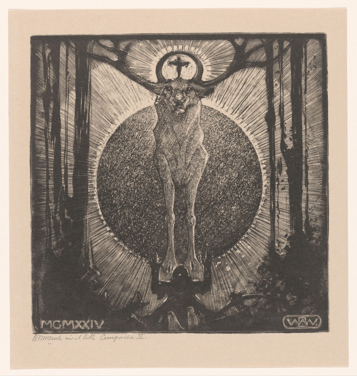 Figura arrodillada ante la aparición de un ciervo
La visión de San Huberto (Composición II) (título original) de Bernard Willem Wierink (signed by artist)
