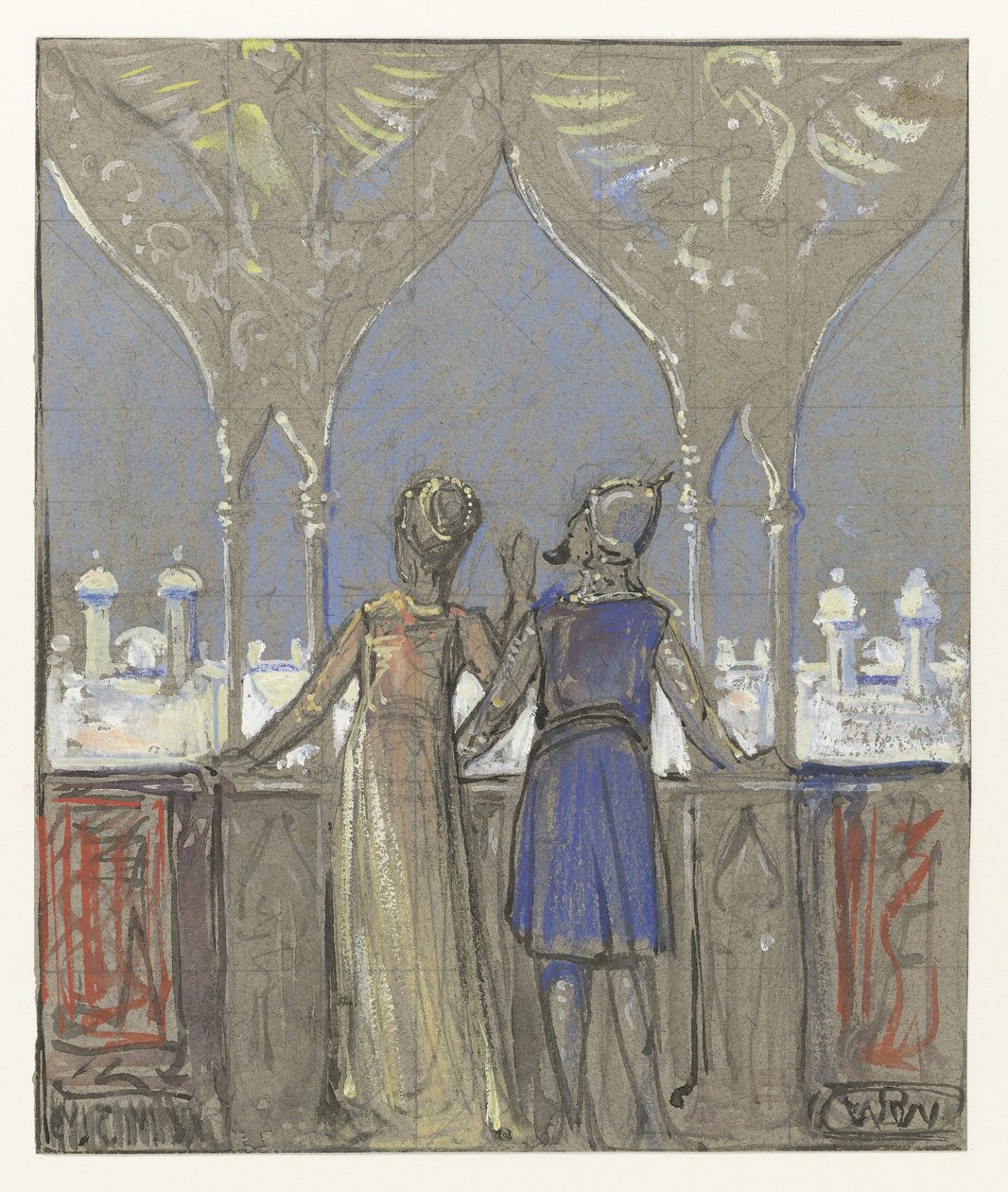 Pareja mirando a la ciudad del este de Bernard Willem Wierink (signed by artist)