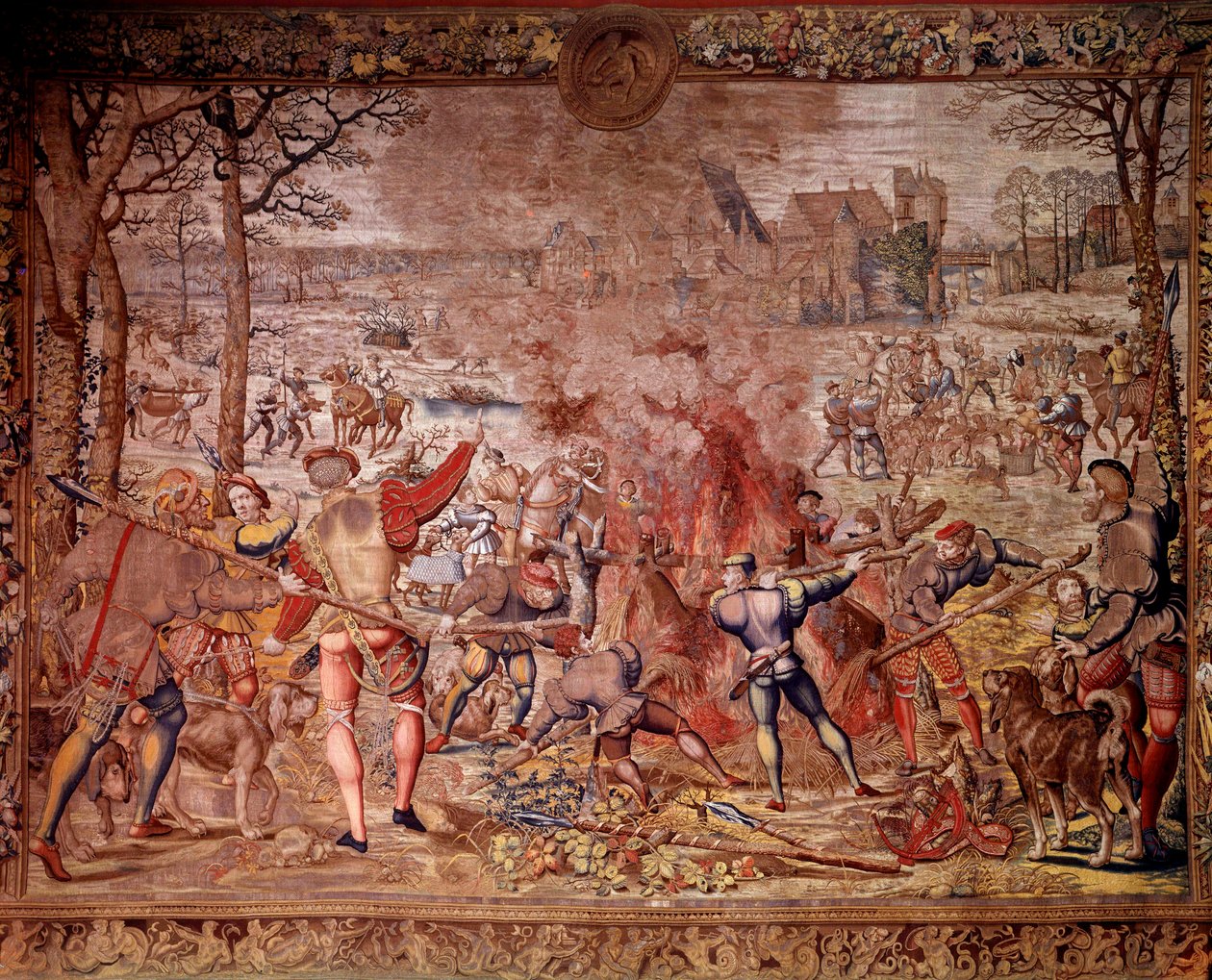 Las cacerías de Maximiliano: el mes de enero, Acuario, caza de jabalí, flambee, curee - Tapiz hecho en los talleres flamencos por Bernard van Orley de Bernard van (after) Orley