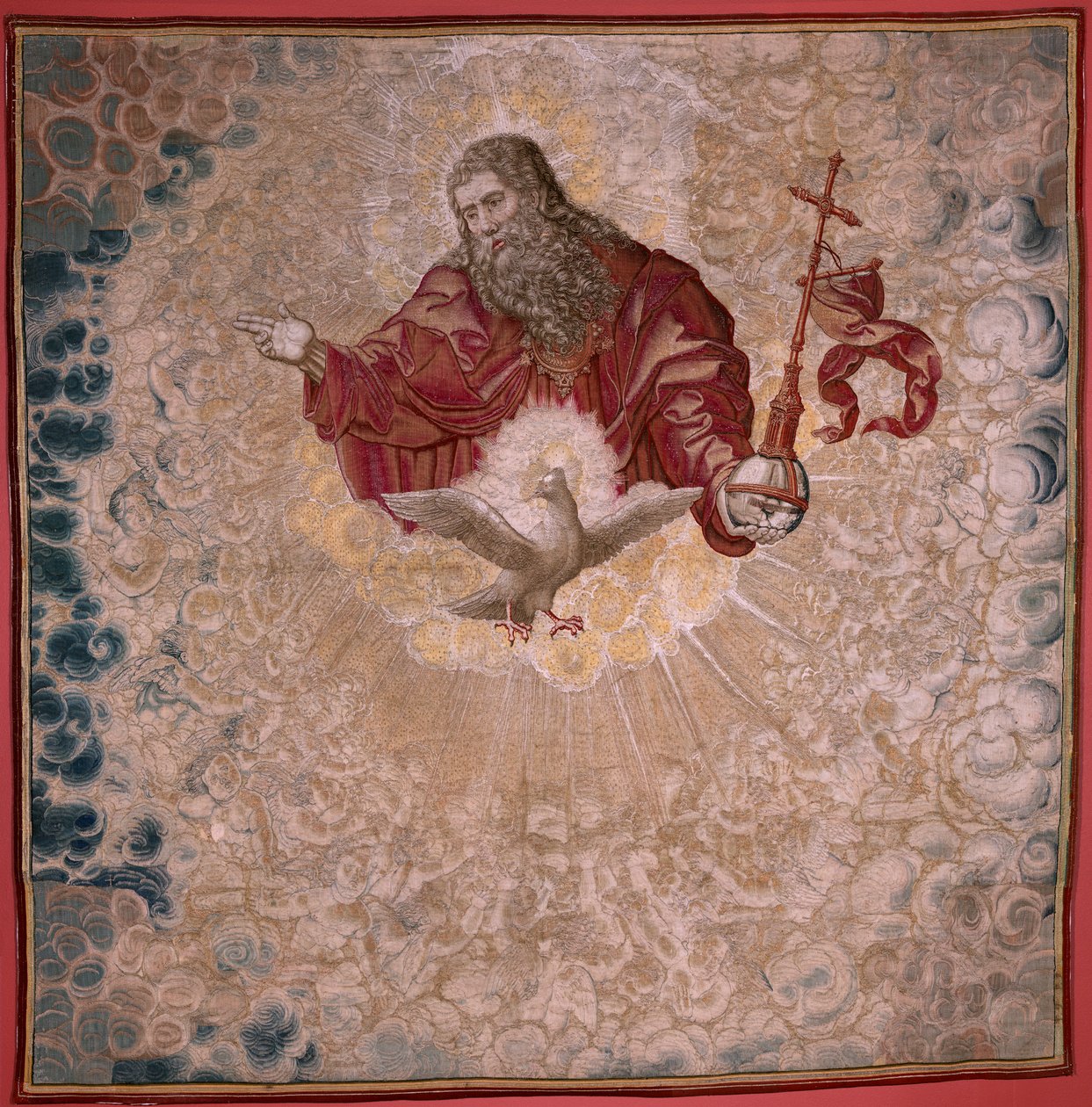 Tapiz flamenco. Serie Tarima de Carlos V (Baldaquino de Margarita de Austria). Dios Padre y Espíritu Santo (El Padre Eterno y el Espíritu Santo). Tapiz baldaquín del estrado. Modelo Bernard van Orley (1491-1542). Manufactura Pieter de Pannemaker, de Bernard van Orley