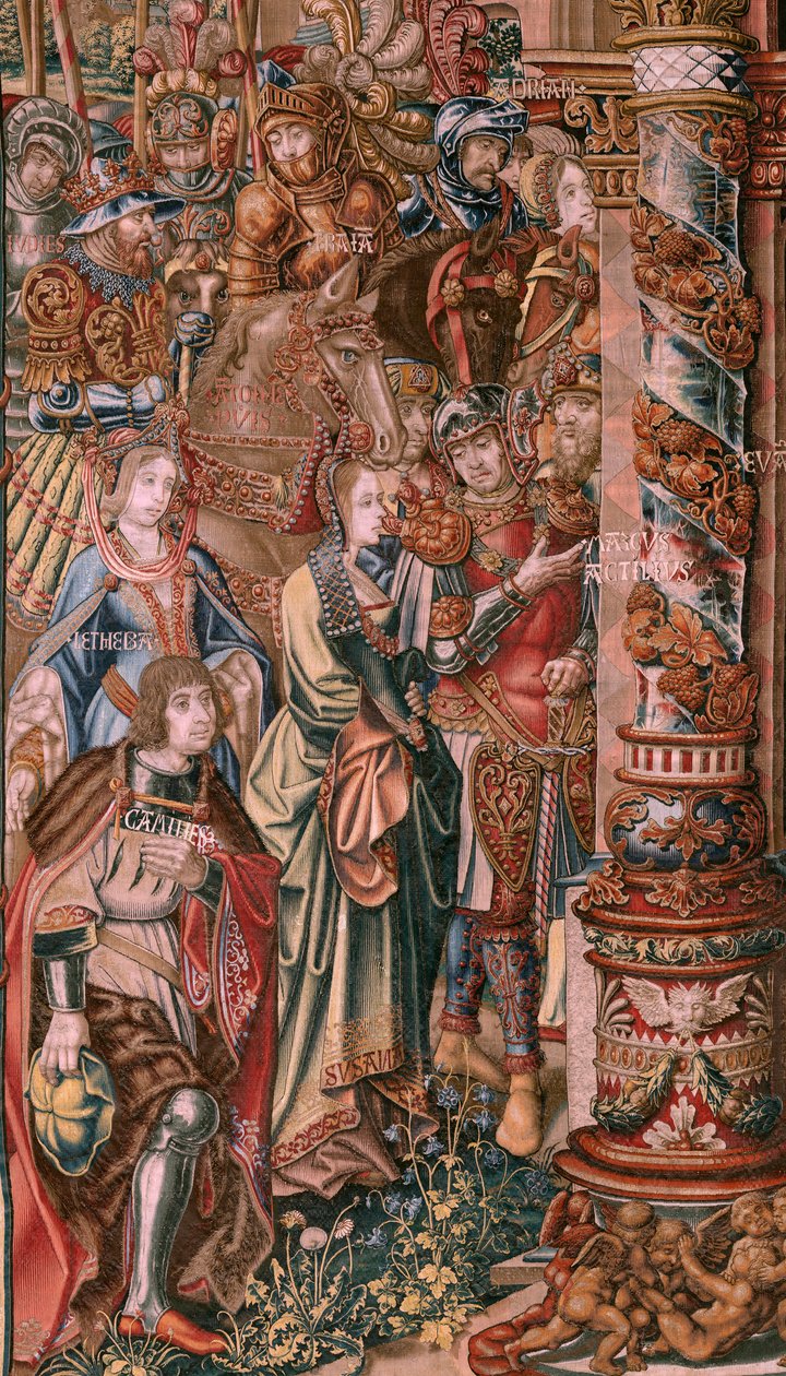Tapiz flamenco. Serie Los Honores. Fe (La Fe). Primer tapiz de la serie. Dibujantes modelo del círculo de Bernard van Orley y Jan Gossaert (Mabuse). Fabricación Pieter van Aelst, Bruselas. Ca 1550. Tejido Oro, plata, seda y lana. de Bernard van Orley