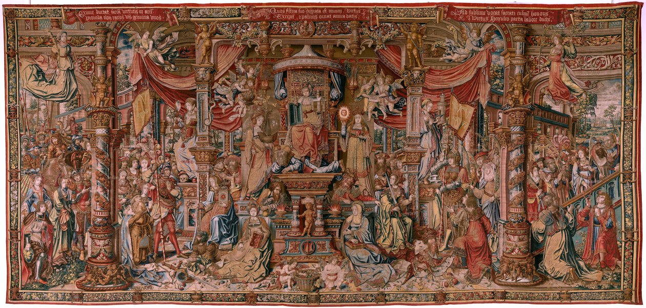 Tapiz flamenco. Serie Los Honores. Fe (La Fe). Primer tapiz de la serie. Dibujantes modelo del círculo de Bernard van Orley y Jan Gossaert (Mabuse). Fabricación Pieter van Aelst, Bruselas. Ca 1550. Tejido Oro, plata, seda y lana. de Bernard van Orley