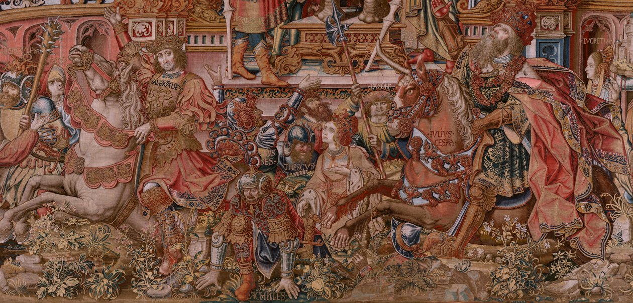 Tapiz flamenco. Serie Los Honores. Fama (La Fama). Tercer tapiz de la serie. Dibujantes modelo del círculo de Bernard van Orley y Jan Gossaert (Mabuse). Fabricación Pieter van Aelst, Bruselas. Ca 1550. Tejido Oro, plata, seda y lana. de Bernard van Orley