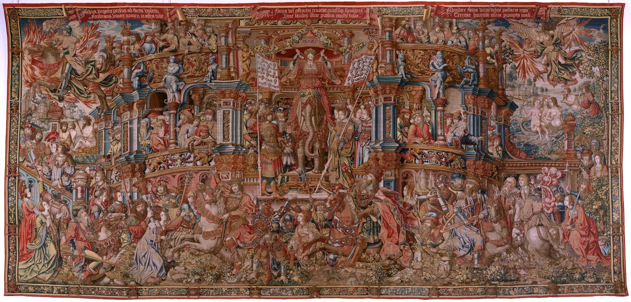 Tapiz flamenco. Serie Los Honores. Fama (La Fama). Tercer tapiz de la serie. Dibujantes modelo del círculo de Bernard van Orley y Jan Gossaert (Mabuse). Fabricación Pieter van Aelst, Bruselas. Ca 1550. Tejido Oro, plata, seda y lana. de Bernard van Orley